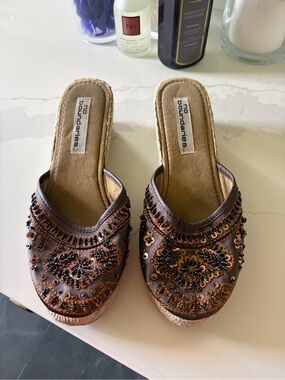 No Boundaries Brown Beaded Embellished Slip-On Mules